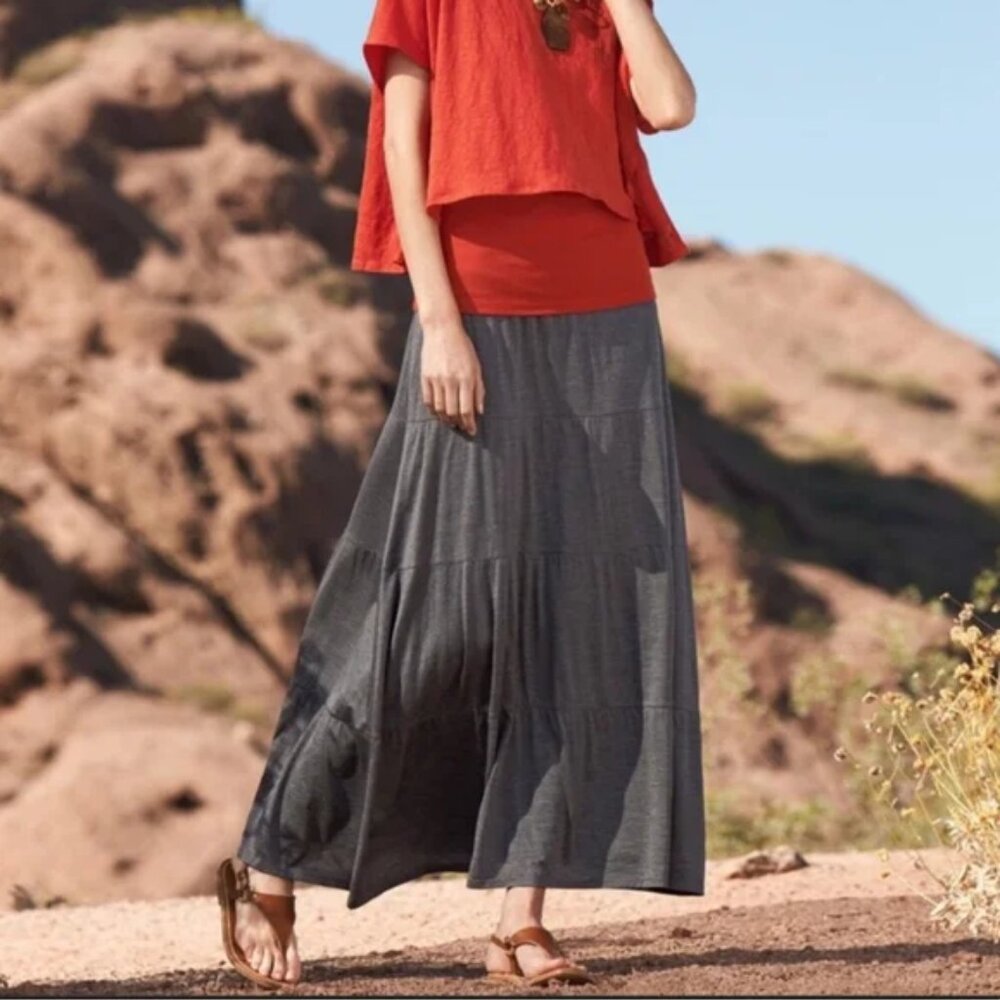 EILEEN FISHER silk blend grey tiered maxi skirt - Picture 3 of 11